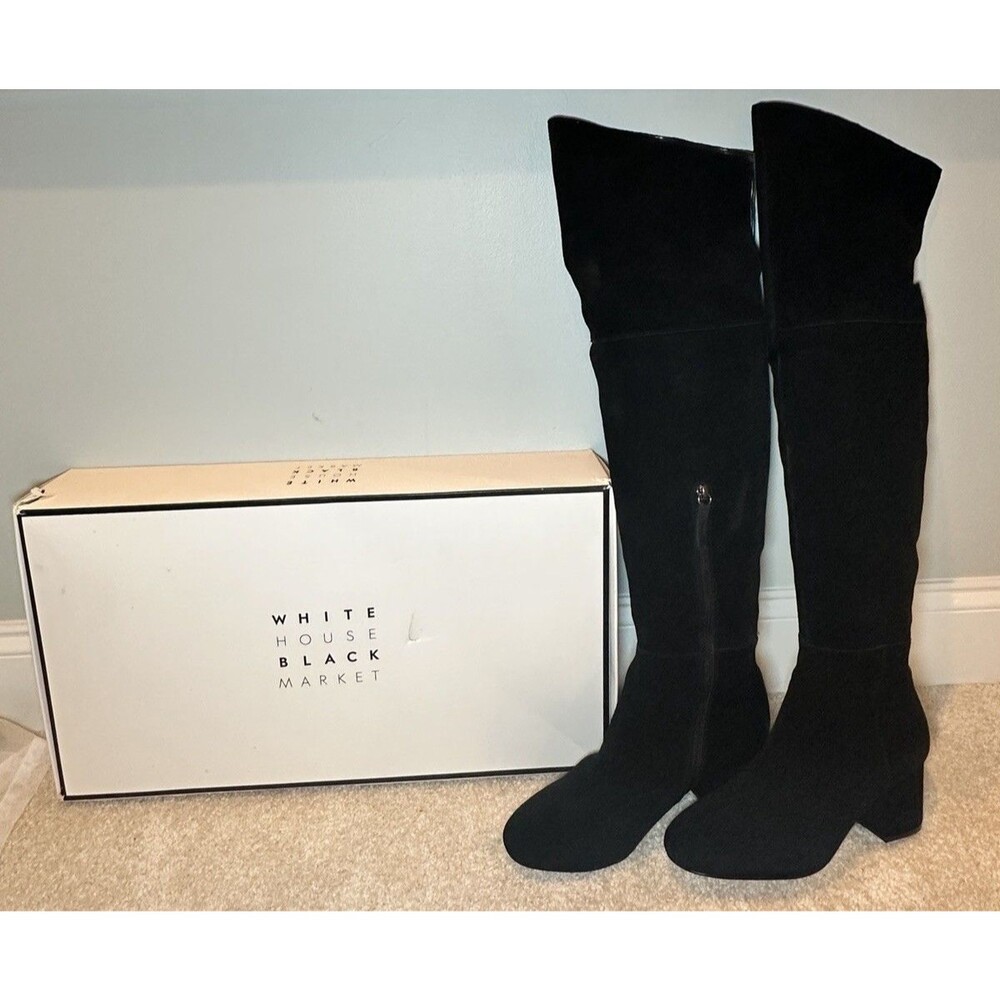 White House Black Market Zahra Black Suede Over The Knee Block Heel Boots Size 9